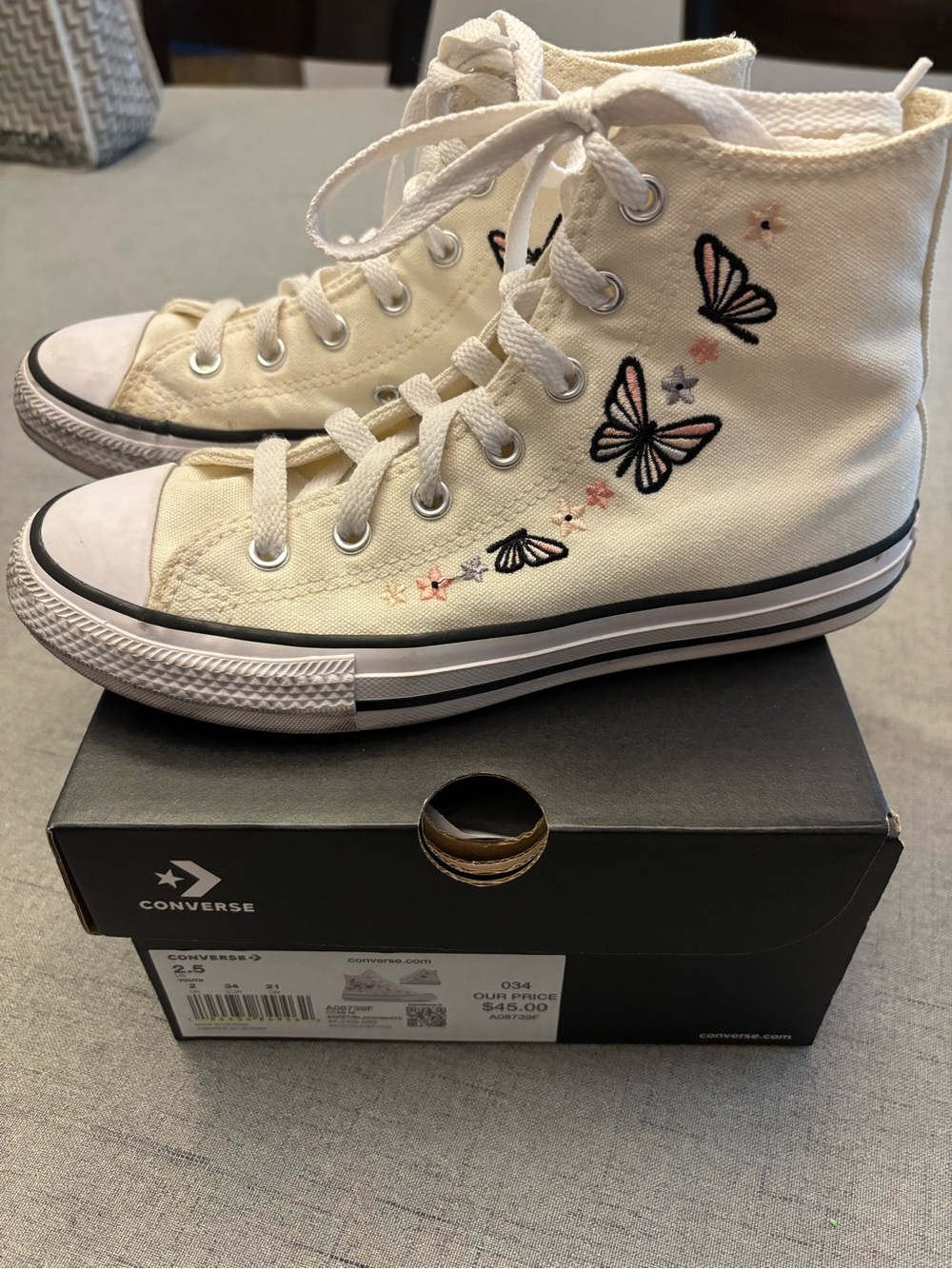 Converse Kids High Top Sneakers in Cream with Pink & Black Butterfly Embroidery